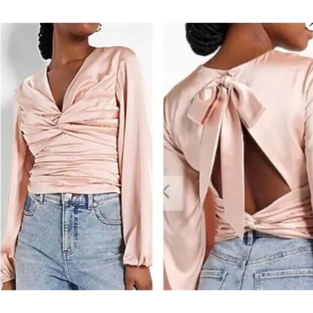 Express soft pink blouse satin long sleeve open bow back Size S Ballet NEW